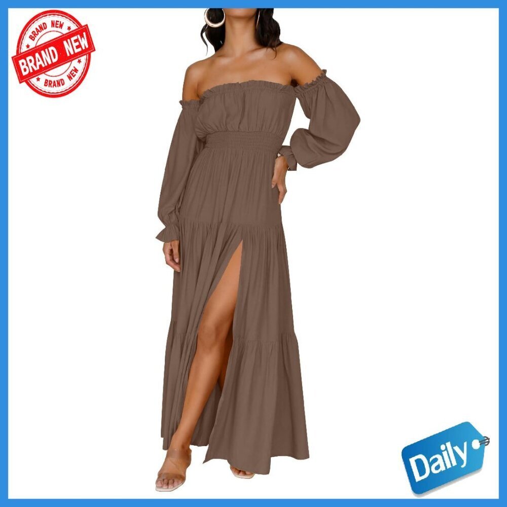 Long Sleeve Off Shoulder Maxi Dress Smocked Waist Split Hem Boho